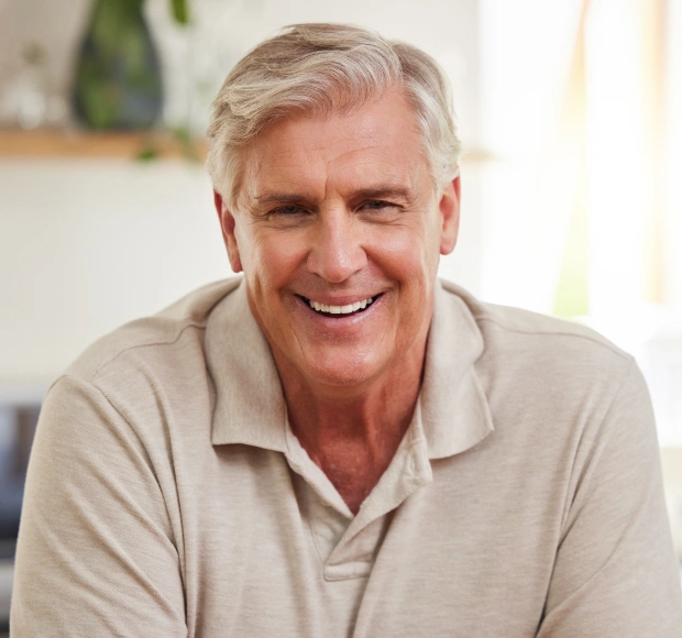 Confident patient smiling after implant-supported dentures treatment